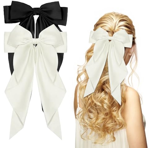 ACWOO Bow Hair Clips, 2 Pack Hair Bows for Women Girls, Big Bowknot Hairpin Solid Color Bow Hair Clips French Barrette with Long Ribbon, Soft Silky Satin Hair Bows for Party Gifts Girls Ladies