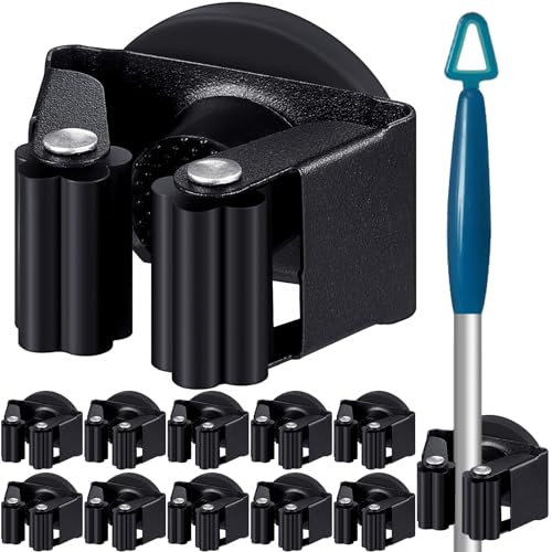 Vercraft 10 Pcs Magnetic Mop Broom Holder Movable Magnetic Broom Holder Rack, Magnetic Holder Anti Slip Wall Mounted Utility for Cleaning Tools, Garage, Kitchen, Laundry, Garden (Black)