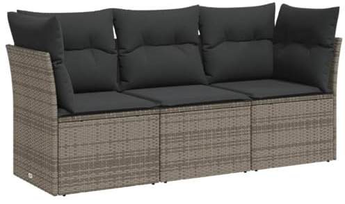 vidaXL Set de Sofás de Jardín con Cojines 3 pzas, Mesa y Asientos Modulares, Conjunto de Muebles para Terraza Patio, Ratán Sintético Gris