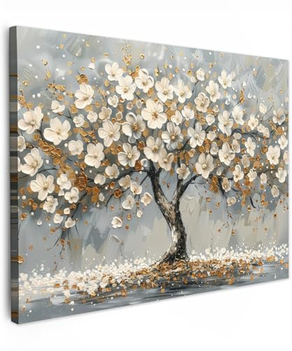 MuchoWow© Leinwand Bilder Wanddeko Wohnzimmer Aesthetic Room Decor Deko | 70x50 cm - Zimmer Wandbilder Modern Bild auf Baum - Blumen - Weiß - Natur - Kunst