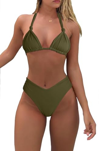 Bikiniset för kvinnor sexig grimma triangel sträng bikini fräck v-skärning hög midja string baddräkter 2 delar, Armégrönt, L