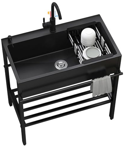 Waschspüle Edelstahl für den Außenbereich, Handwaschspüle, kommerzielle Küche mit Wasserhahn für Geschäft, Küche, Garage, Garten, 80 cm, Schwarz