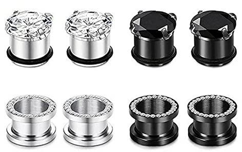 Bcughia Edelstahl Flesh Tunnel 10mm Ohr Plug Tunnel Silber Schwarz Reifen mit Zirkonia Tunnel Ohrringe Set, 8 Stück
