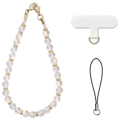 AOKSUNOVA Handykette Steine Handykette Universal Kurz Perlen Handyanhänger Handyschmuck Weiß