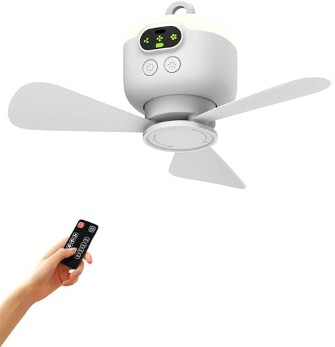 Ventilateur de camping 8000 mAh à piles intelligents, lumineux, rechargeable USB, télécommande, crochet suspension, minuterie, 3 vitesses, pour dortoir extérieur (blanc)