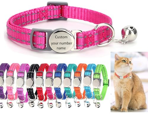 Handimake Reflektierendes Katzenhalsband mit Glöckchen – Graviertes Haustierhalsband mit Namen und Nummer, Sicherheitsschnalle, verstellbar für Katzen/Kätzchen