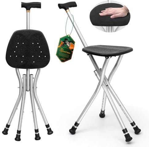 BeneCane Gehstöcke mit Sitz, Gehstock mit bequemer & größerer Sitzfläche mit Luftloch mit Stoffbezug für Frauen Sicherer Stock mit rutschfesten Gummispitzen für Männer Stabiler Stock mit Vierfuß