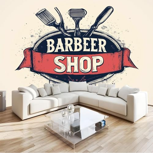 Fotomurales no Tejido Logotipo Retro Barbería Tijeras 200 x 140 cm Papel Pintado Decoración de Pared moderna, Murales Póster Efecto 3D, Decorativos Murales para Dormitorio Salón TV Pared