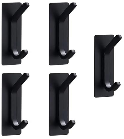 peiqiup Ganchos Adhesivos Para Pared Negro (5 Piezas), Inoxidables Colgador Toalla Baño Adhesivo, Accesorio De Pared Sin Taladrar, Impermeable, Para Baño y Cocina, Negro, Conexión arriba y abajo