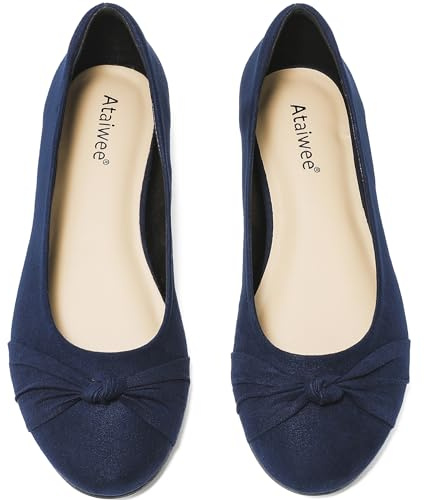 Ataiwee Women's Wide Width Flat Shoes Bow Round Toe Ballet Flats | Slip On Office Business Work Dressy Flats for Women