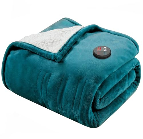 GOTCOZY Heated Blanket Throw 130x160cm-One Touch Electric Blanket Blue | 10 Heat Levels,9H Auto Off,Soft Flannel Sherpa Electric Blanket Single for Sofa Bed Office Use,Fast Heating,Gifts for Women