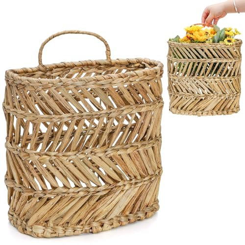 YOUEON Großer gewebter Hängekorb, 30,5 x 12,7 x 35,6 cm, natürliche Wasserhyazinthe, Wandkorb mit stabilem Eisenrahmen, handgewebte Haustür, Blumen-Bäcksets für Zuhause, Garten, Boho-Dekoration
