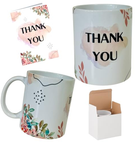 MOLIVELL Taza de Cafe THANK YOU con Tarjeta a juego | Regalos Originales para Mujer, Hombre, Familia, Amigo | Tazas Originales para Regalar | Taza de Cerámica de 325ml | Agradecimiento | Caja Blanca