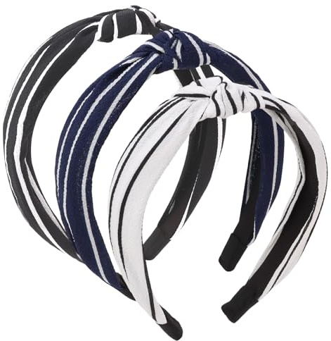 KIUEZIR 3 breite Stirnbänder mit Knoten, 3 Farben (Weiß/Schwarz/Marineblau), Stoff-Haarbänder mit Streifendruck, dehnbare Haarreifen für Damen/Damen, für den täglichen Gebrauch & Freizeit