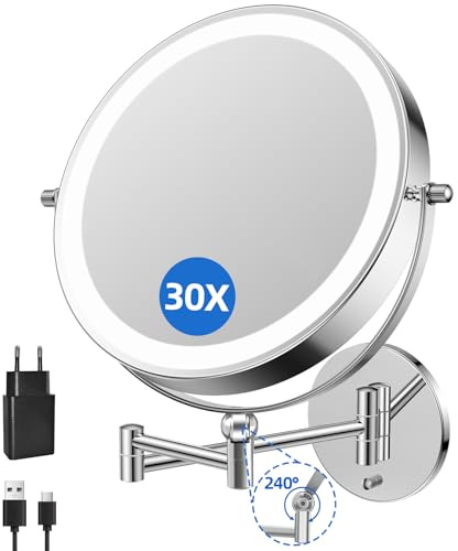 FUNTOUCH 9 Espejo de Maquillaje Recargable de 5000 mAh con Aumento 1X/30X, Espejo de Afeitar Regulable, 3 Colores, Espejo de Maquillaje LED táctil, Giratorio 360°, Espejo de Pared para baño y Hotel