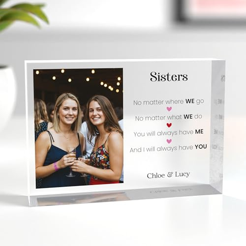 Beecreative Personalised Sister Gifts For Women - Custom Photo Clear Acrylic Block - Sister Picture Frame Present - With White Gift Bag