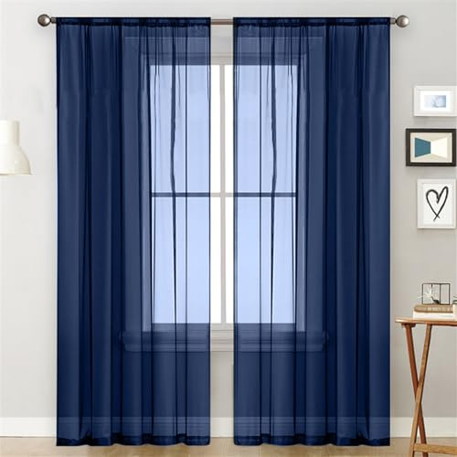 Surwin Translucidas Cortinas Salon Color Sólido Japonés, 2 Piezas Cortina, Cocina Dormitorio Cortinas y Moderno Visillos Visillos Cortos para Ventanas (Azul Marino,100x250cm)