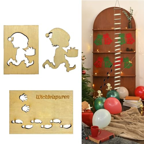 Lxtness Wichtelschablone Fußabdrücke, Kreativset Wichteltür Zubehör, Wiederverwendbare Holz Wichtel Fußspuren Schablonen Weihnachten Deko Für Böden Fenster