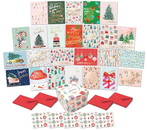 S&O Boxed Christmas Cards Set – 100 Holiday Cards with Envelopes & Sealing Stickers – 25 Unique Designs with Gold Foil & Short Greetings – Bulk Assorted Christmas Greeting Cards