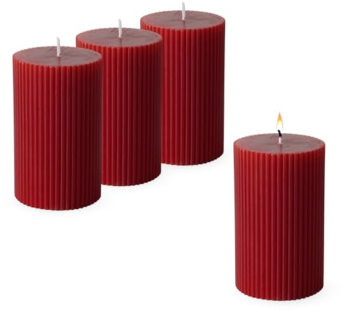 Echtwachs Stumpenkerze 10 x 6 cm geriffelt 4er Set - rot | Adventskerze, unparfümiert, ca. 27 Stunden Brenndauer, Blockkerze/Zylinderkerze/Säulenkerze