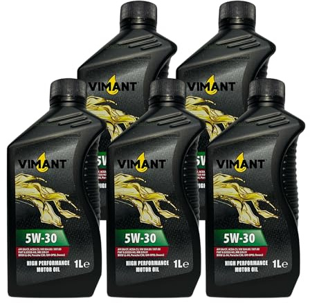 VIMANT Olio Motore Auto SAE 5W-30, 5 Litri, 5 Flaconi da 1L, 100% Sintetico, API SN/CF, ACEA C3