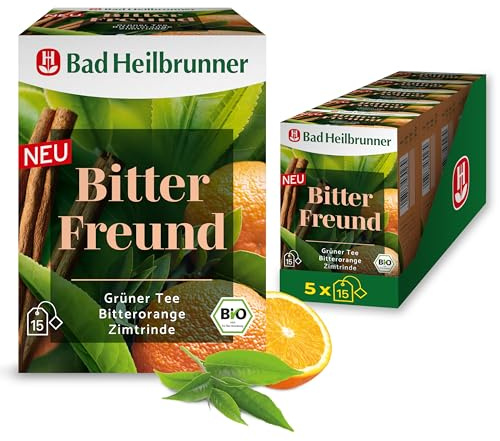 Bad Heilbrunner Bio Bitter Freund – mit Filterbeutel – Ausgewogener Kräutertee mit Grüntee und Zitrusgeschmack – sanft herbe Note mit fruchtig bitterer Frische (5 x 15 Filterbeutel)