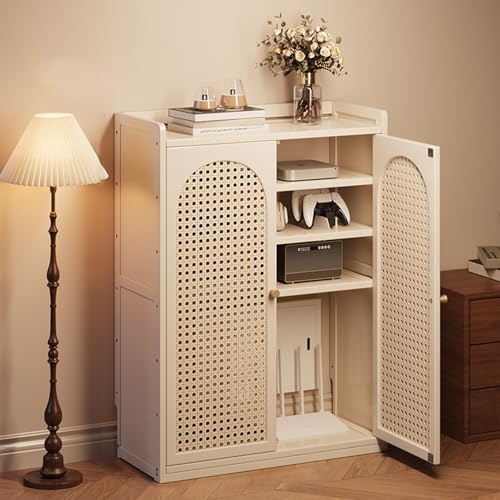 HPIRFYE Mueble WiFi de pie con puertas de ratán, caja multifuncional para router y módem, diseño ventilado con gestión de cables, opción decorativa para hogar u oficina(Wit,59 * 25 * 67cm)