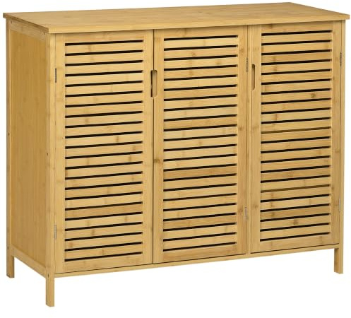 HOMCOM Rustic Shoe Cabinet 3 Door 8 Shelves 16 Pairs Natural Wood Finish | Storage Cabinet, Space Saving Shoe Cupboards, for Hallways and Living Room