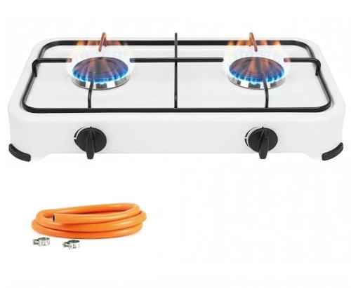 Cocina Hornillo de gas portatil para camping y exterior con 2 quemadores, placa de gas, manguera de presión para butano incluido.