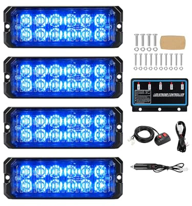 Dinfu 4 x 12 Led Warnlicht frontblitzer Blau,12v/24v led blitzer 40W LED Warnleuchte mit 12 Blinkende Stroboskop-Modi IP67 Blitzleuchte Lichtleiste für Auto Pkw Truck Traktor KFZ LKW (Blau)