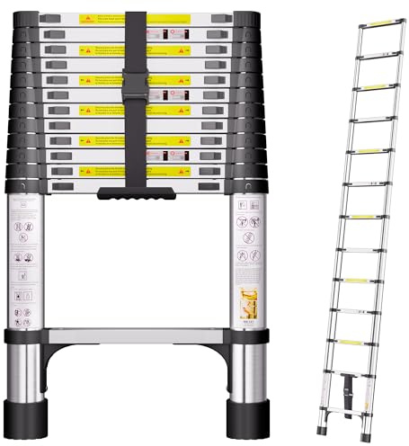 SIMPDIY 3,8m Edelstahl Teleskopleiter, Leiter Ausziehbar, 150kg Tragkraft | Dreiecks-Stabilisatoren & Anti-Rutsch-Füße, In 30-cm-Schritten verstellbar, faltbar auf 84,5 cm, für Dachböden & Wohnmobile