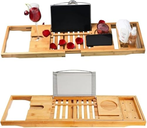 Mensola Regolabile Per Vasca in Bambù, Bagno Arredo Organizer Portaoggetti, Tablet Libri Riviste Portabicchieri Portasapone, Estensibile Misura da 70 a 103 Cm