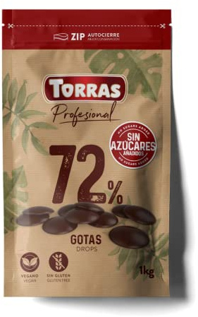Torras Schoko Drops, 72% Kakaogehalt, Dunkle Schokoladen Drops ohne Zuckerzusatz, Bigpack (1.000g)