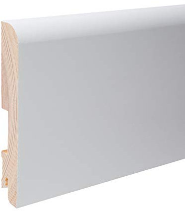 Plinthe en bois massif de 24 m avec bord avant arrondi blanc RAL9010 - Hauteur : 120 mm.