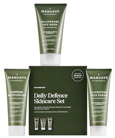 ManCave Gesichtspflege Set Herren 3-Teilig - Geschenkset Männer mit Waschgel, Peeling & Feuchtigkeitscreme - Natürliche Hautpflege Männer - Vegan - Pflegeset Geschenk