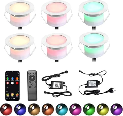 INDARUN WLAN Bodenstrahler Außen 6er Set, RGB+WarmesWeiß, Kompatibel mit Alexa,Google Home, LED Bodeneinbaustrahler Aussen, IP67 Wasserdicht, DC12V, Ø45mm, Terrassenbeleuchtung, Bodenleuchten Auße