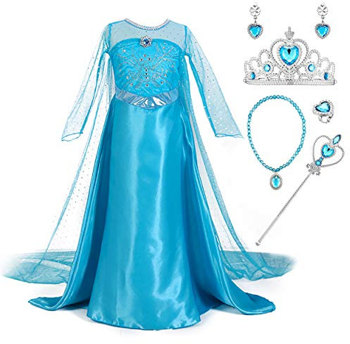YOSICIL Prinzessin ELSA Kleid Mädchen Eiskönigin Kostüm mit Schleppe Frozen Prinzessinen Kleid Langarm Blau Kleider Karneval Verkleidung Weihnachten Fasching Halloween Fest ELSA Kostüm Cosplay