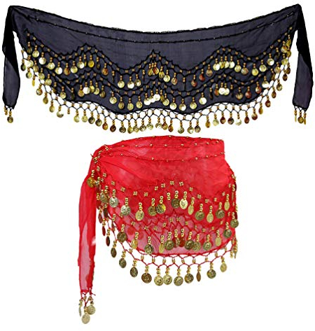 2 stücke Frauen Bauchtanz hüfttuch röcke Wickeln mit 128 Bling Pailletten Bauchtanz Yoga klasse Leistung zubehör schwarz + rot