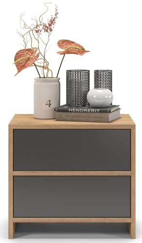 regalik Table de Chevet 2 Tiroirs 50 x 45 x 35 cm, Graphite, pour Chambre | Forme compacte, surface facile d'entretien, polyvalent comme table d'appoint, chevet ou petite table de salon