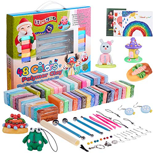 iFergoo Polymerpaste – 48 Farben, 1,5 kg, Backofen, sicher und ungiftig, DIY Craft Kit mit Modellierwerkzeugen und Zubehör, Geschenk für Kinder für Jungen und Mädchen
