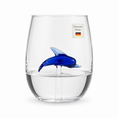 Winkee Delfin Trinkglas Wasserglas handgemacht hochwertig 600 ml | Hochwertiges Kristallglas, Glas für Wasser, Saft, Cocktails
