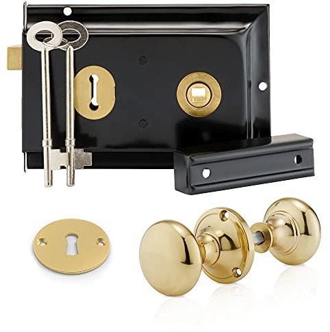 XFORT Premium Range 6x 4 Traditional Black Rim Lock Set with Polished Brass Rim Knob, Surface Door Lock with Latch, Shed Lock with Key, Vintage Garden Gate Lock, for External Sheds, Gate or Doors