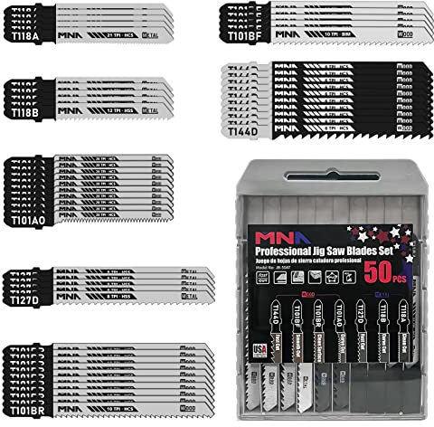 MNA Multi-Purpose Jig-Saw Blades, 50 Pieces, Assorted Jig Saw Kit Value Pack for Wood, Plastic and Metal Cutting with Carry Case