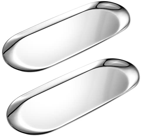 2 Pack Silver Oval Vanity Tray, Stainless Steel Jewelry Tray, Bathroom Tray, Makeup Cosmetic Trays,Towel Napkin Tray,Storage Organizer,11.8 x 4.8 inches (LxW),Large