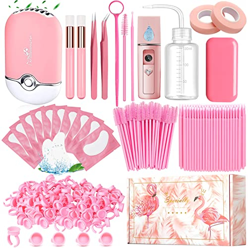 Kit Extensión Pestañas Accesorios Lash Postiza Secador de Pestañas USB Nano Pulverizador Pinza Rímel Cepillo Parche Ojos Cinta Espejo Eyelash Cepillo de Champú Pegamento Anillo Botella de Lavado