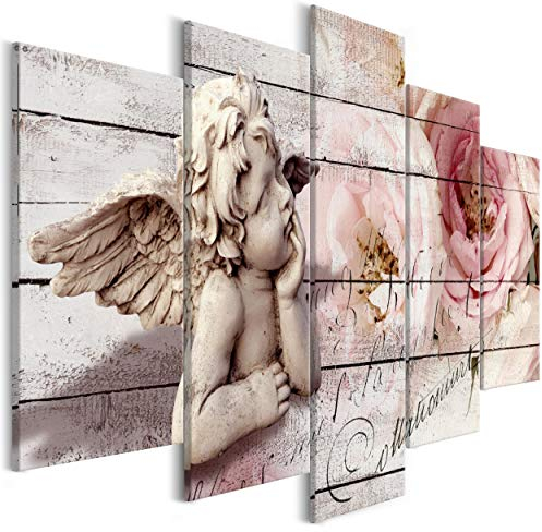 decomonkey Bilder Holz Blumen 150x75 cm 5 Teilig Leinwandbilder Bild auf Leinwand Vlies Wandbild Kunstdruck Wanddeko Wand Wohnzimmer Wanddekoration Deko Engel Aufschrift Rose Rosa Beige Brett