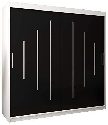 MEBLE KRYSPOL - Kleiderschrank, Schlafzimmerschrank - Schrank Zwei Türen - 4 Fächer rechts, Links, 2 Stangen, Fach - Garderobenschrank York, Körperfarbe Weiß, Frontfarbe Schwarz - 200x62x200cm