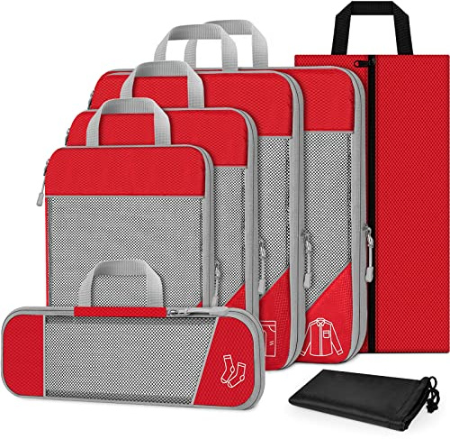 TAMOWA Koffer Organizer Set 7-teilig, Packtaschen mit Kompression, Compression Packing Cubes für Rucksack und Koffer, Packwürfel, Kofferorganizer Reise Kleidertaschen für Kleidung Schuhe Unterwäsche