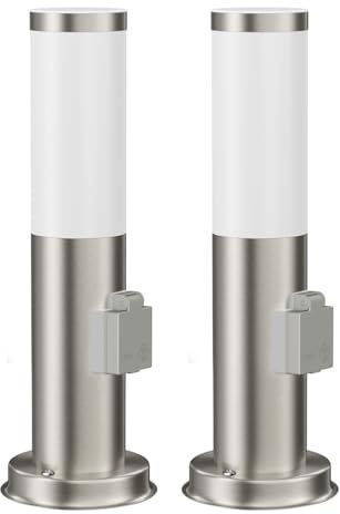 ledscom.de 2 st. gångbelysning/pollarlampa PORU för utomhusbruk, IP44, 39 cm, rostfritt stål, 1 st. E27 max. 40 W, eluttag