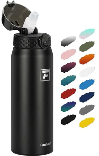 Fanhaw 750ml Stainless Steel Insulated Sports Water Bottles with Straw for Kids, Men and Women(Black)